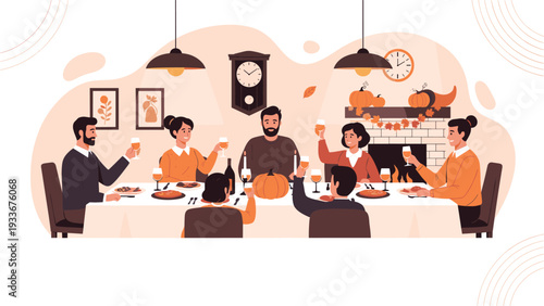 Happy family gathered around a beautifully decorated table for a traditional Thanksgiving dinner in a cozy dining room.