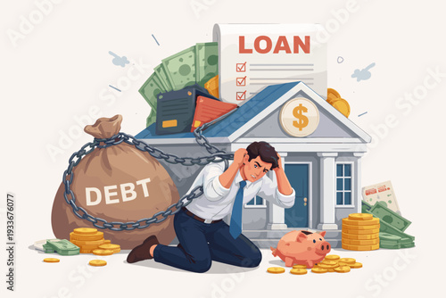 Man Chained to Large Debt Bag Kneeling in Front of Bank with Loan Document, Illustrating Financial Burden, Mortgage Problems, Economic Crisis, Bankruptcy, and Money Management Struggles.