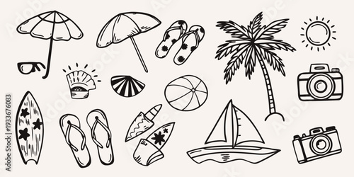 Summer vacation doodles beach items and sun icons in black and white