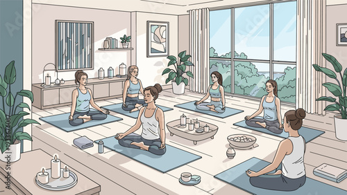 Group of women practicing meditation and yoga together in a bright, tranquil studio with large windows and lush plants.