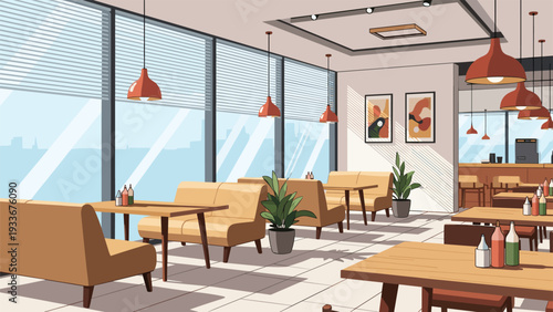 Inviting interior of a modern restaurant with comfortable booths, wooden tables, and large windows looking out at a city.