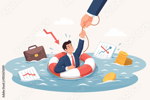 Businessman in Suit Drowning in Financial Crisis with Lifebuoy Reaching for Helping Hand, Concept of Economic Recession, Bankruptcy, Debt, Business Support, Rescue from Market Failure and Loss.