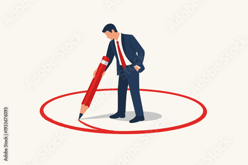 Businessman in a suit drawing a red circle around himself with a giant pencil, representing personal boundaries, protection, comfort zone, social distancing, and professional privacy concept.