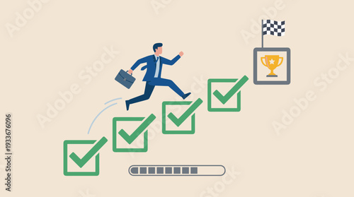 Businessman jumping over green checkmarks stairs to reach a trophy goal. Concept of project tracking, task completion, progress, career success, achievement, and business milestone management.