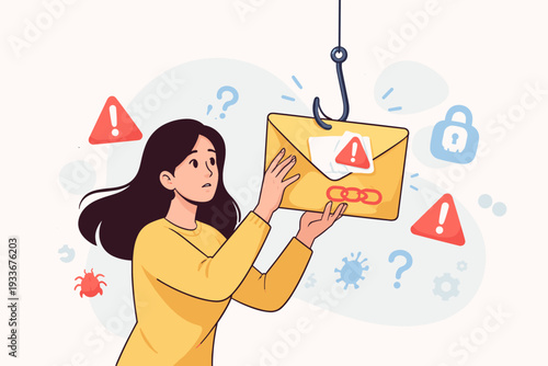Woman holding a suspicious yellow envelope caught on a fishing hook, concept of phishing, electronic message scam, cyber security threat, internet fraud, data theft, and email hacking alert.