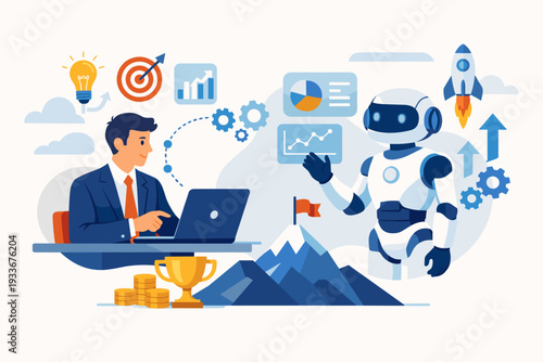 Businessman working on laptop with robot assistant, artificial intelligence technology helping achieve business success, automation, data analysis, innovation, and growth concept illustration.