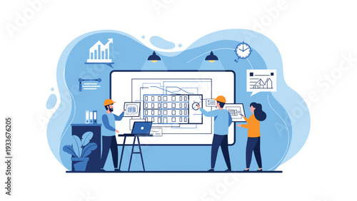 Engineering team collaborates on a complex architectural blueprint and construction plan using large digital displays in a professional workspace.