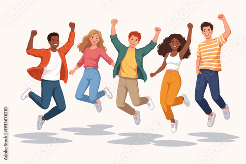 Diverse Group of Happy Young People Jumping in the Air with Joy and Celebration, Flat Vector Illustration of Multiethnic Friends Cheering Together for Success and Achievement on Light Background.