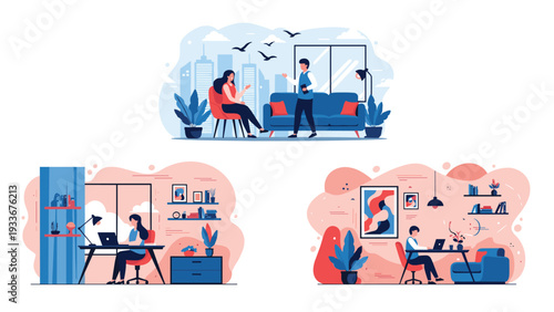 Collection of scenes depicts various work from home and professional social interactions in modern, comfortably decorated interior office spaces.