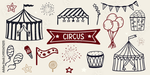 Colorful circus elements including a big top treats and festive decorations