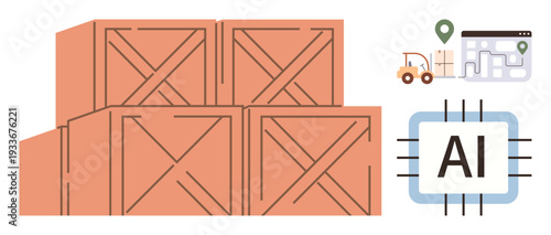 Supply chain management, warehouse operations, logistics technology, artificial intelligence, inventory tracking, shipping solutions. Wooden crates, forklift location map AI. Supply chain