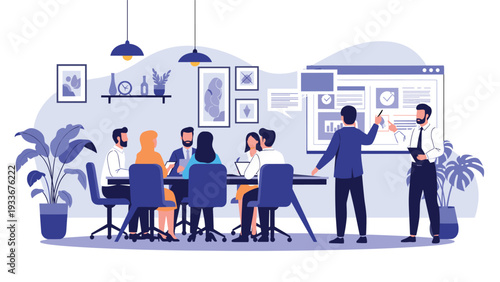 Professional team participates in a project management and strategy meeting in a stylish office with a large data visualization presentation screen.