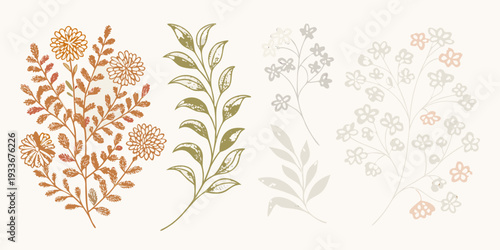 Botanical illustration featuring various floral and leafy plant arrangements