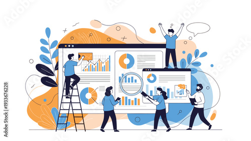 Collaborative data analysis team works together on a large digital screen to evaluate business metrics and statistical information for a project.
