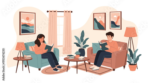 Man and woman enjoy a quiet and relaxing afternoon reading books in their cozy, beautifully decorated modern living room at home on the sofas.
