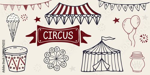 Colorful circus illustration featuring tents treats and festive decorations