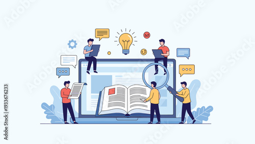 Team of researchers and students uses digital tools and an online library for academic study and professional information gathering on a laptop.