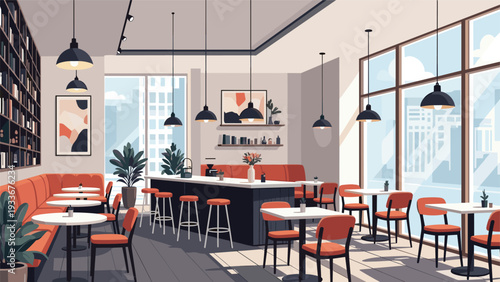 Contemporary cafe and restaurant interior features stylish modern furniture, hanging lights, and large windows with a scenic urban city view.