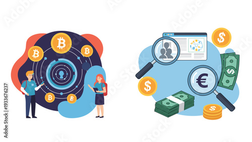 Concept illustration compares the modern digital cryptocurrency market with traditional global financial systems and currency analysis tools.