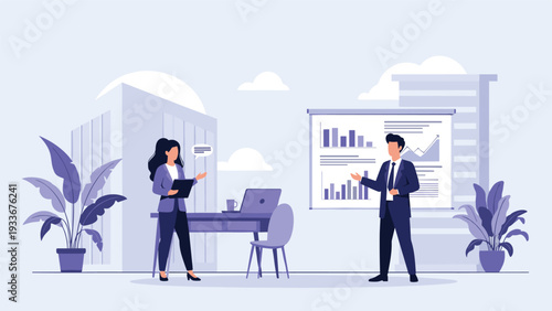 Professional colleagues discuss business performance and strategic goals using infographics on a large presentation screen in a modern office.