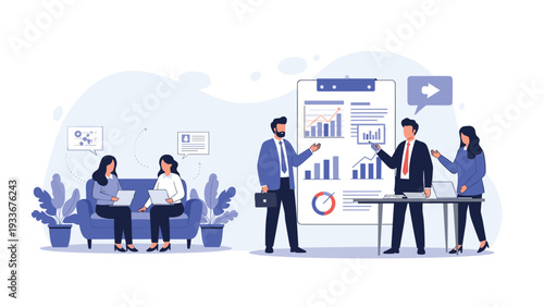 Innovative green office concept features professionals working and collaborating in a bright greenhouse environment filled with many lush plants.