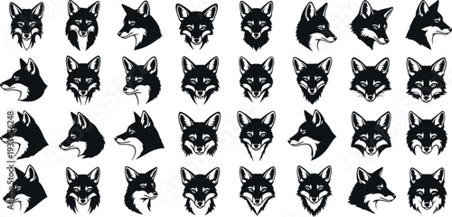 Collection of unique black and white fox head illustrations