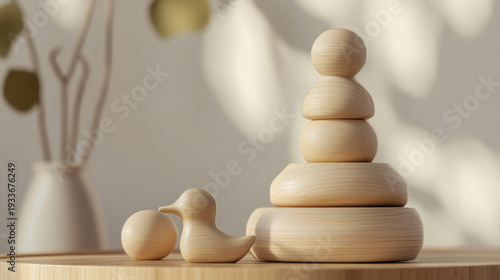 A serene still life of wooden toys on a table with a vase