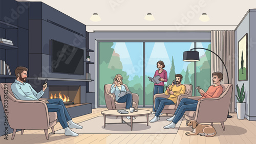 Professional business partners discuss strategic plans and financial data using a large presentation board during a meeting in a modern office.