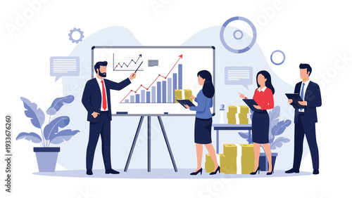 Collaborative office team uses a large presentation screen and digital tools to develop creative ideas and strategic business plans together.