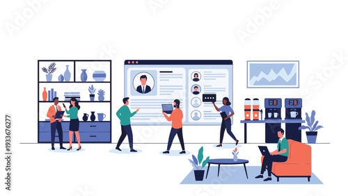 Diverse professionals working in a modern office lounge area with digital interface for candidate recruitment.