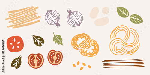 Stylized illustration of pasta vegetables and ingredients for italian cooking
