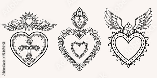 Three ornate sacred heart designs with wings and religious symbolism