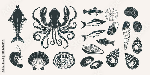 Vintage style illustration of various seafood and marine life forms