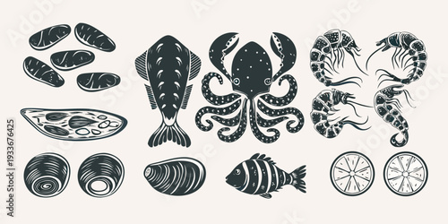 Vintage style illustration of various seafood including fish shellfish and crustaceans