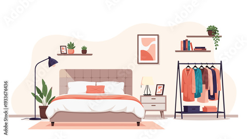 Cozy modern bedroom interior with a large comfortable bed nightstand clothes rack and minimalist decor in soft colors.