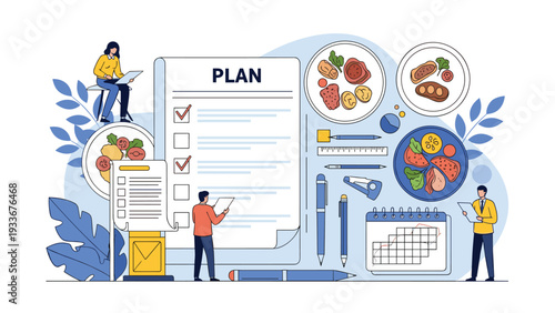 Healthy meal planning concept showing people organizing a balanced nutrition schedule with various food dish icons.