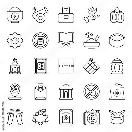 Ramadan icon collection Isolated on white. Containing Alarm Clock, cannon, charity, crescent star. Outline icon style