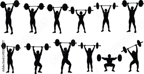 Silhouettes of people lifting barbell weights in various positions on white background
