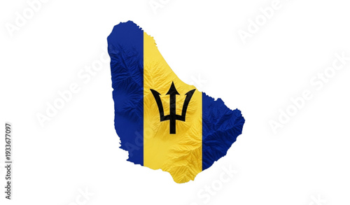 The flag of Barbados in the shape of the island nation