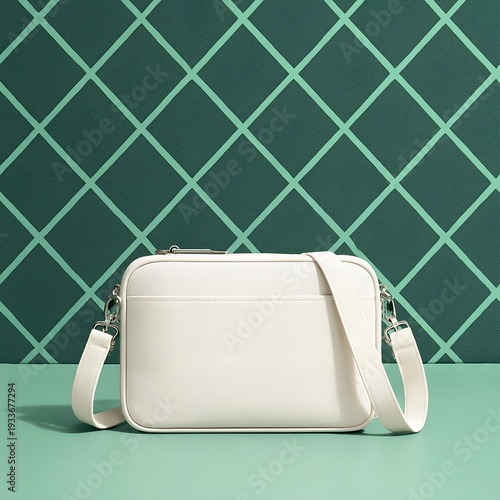 Blank white canvas bag mockup on green background