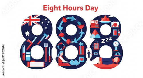 Eight hours day celebration with colorful icons and symbols on white background