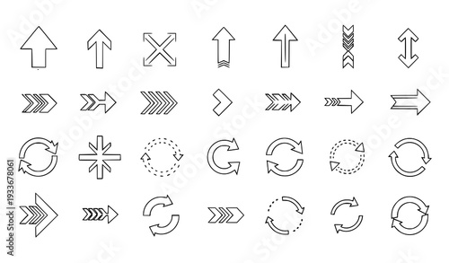 A set of black and white line art arrow icons and symbols for navigation and direction