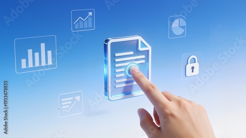 Hand interacting with digital document icons