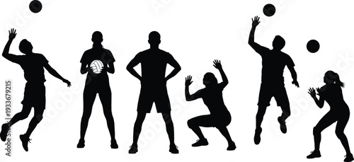 Volleyball player silhouette vector illustration, serving spiking setting receiving, ball movement training exercise, athletic game skill practice, cad drawing flat vector illustration