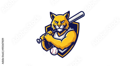 Mascot Bobcat Swinging Baseball Bat with Baseball
