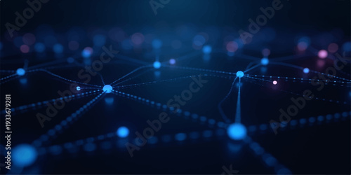 Abstract blue fiber optics background featuring glowing light spots and digital network lines representing global communication and energy technology in a bright space illustration
