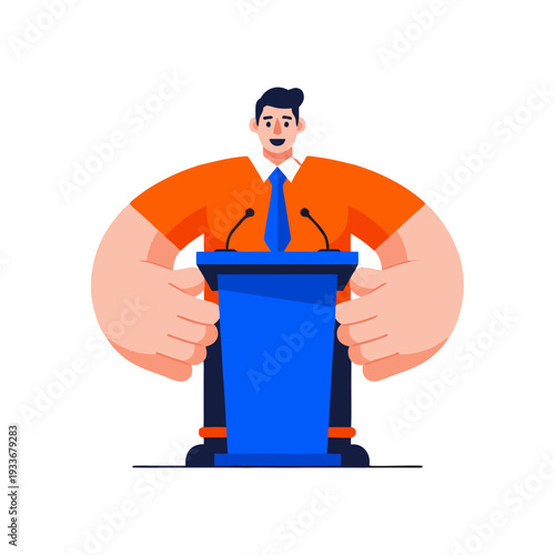 Speaker Delivers an Engaging Presentation from a Blue Podium Equipped with Two Microphones Demonstrating Public Speaking Skills in a Stylized Flat Vector Illustration