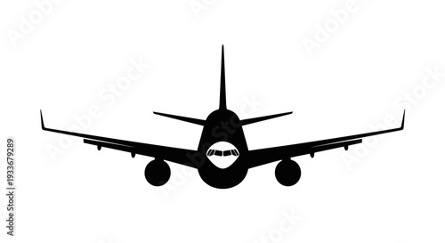 Silhouette of a modern jet airplane flying from front view, black and white