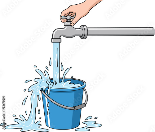 Water bucket overflow silhouette vector illustration, faucet pouring excess liquid, resource management concept, capacity volume design, spilling water container, cad drawing flat vector illustration