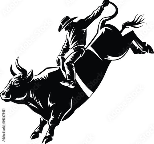 Rodeo cowboy riding bucking bull silhouette, western ranch sport action isolated on white background vector illustration
